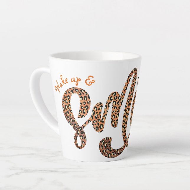 Personalised Safari Wake up & Smile Leopard Print Latte Mug (Left Angle)