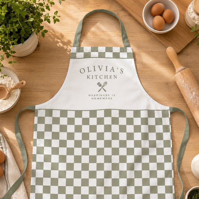 Personalised Sage Chequered Kitchen Custom Name Apron (Creator Uploaded)
