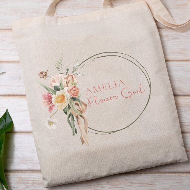 Personalised Sage Green & Dusty Rose Flower Girl Tote Bag (Add floral elegance to your wedding with this customizable flower girl tote—sweet and stylish.)