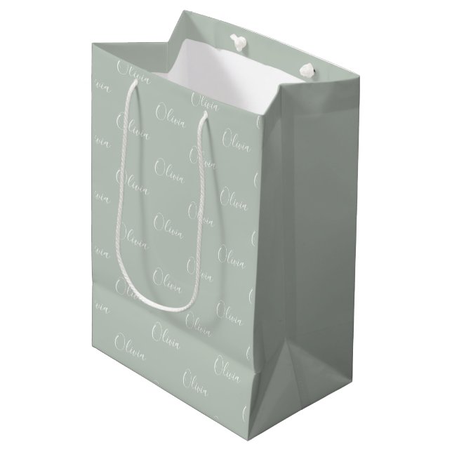Personalised Sage Green Elegant Name Medium Gift Bag (Front Angled)