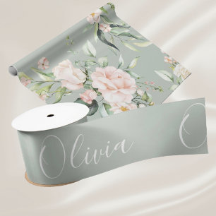 Personalised Sage Green Elegant Name Satin Ribbon