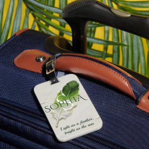 Personalised Sage Green Feather Monogram Luggage Tag