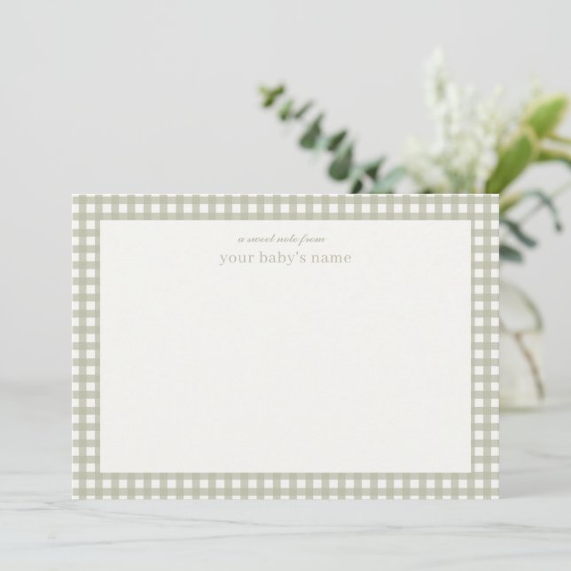 Personalised Sage Green Gingham Baby Nursery Card (Standing Front)