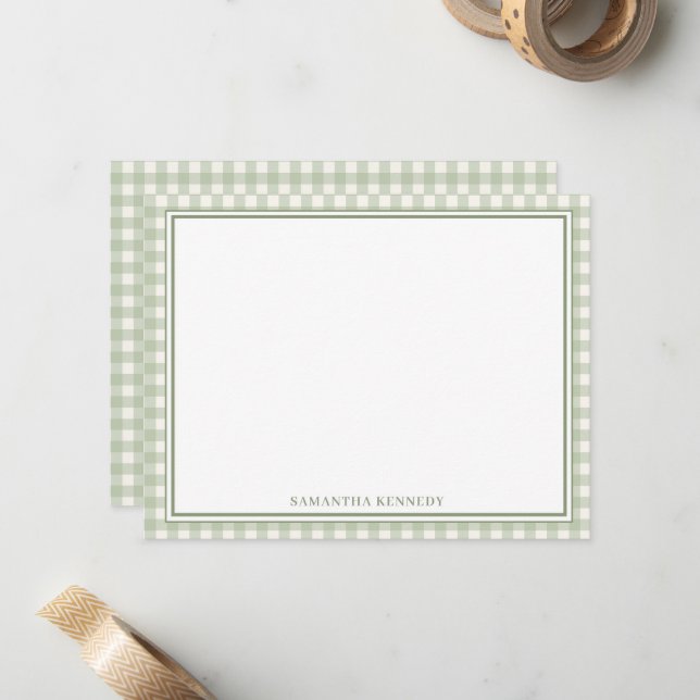 Personalised Sage Green Gingham Double Border Card (Front/Back In Situ)