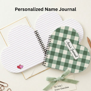 Personalised Sage Green Gingham Heart Notebook