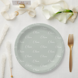 Personalised Sage Green Girly Elegant Name  Paper Plate