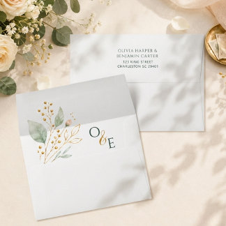 Personalised Sage Green Gold Botanical Monogram Envelope