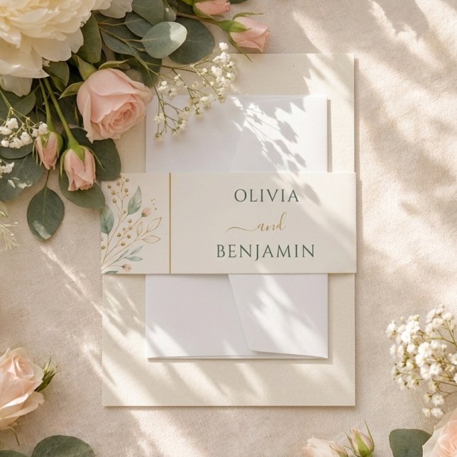 Personalised Sage Green Gold Botanical Wedding Invitation Belly Band (Creator Uploaded)