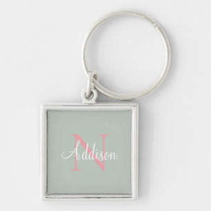 Personalised Sage Green Monogram Pink Key Ring