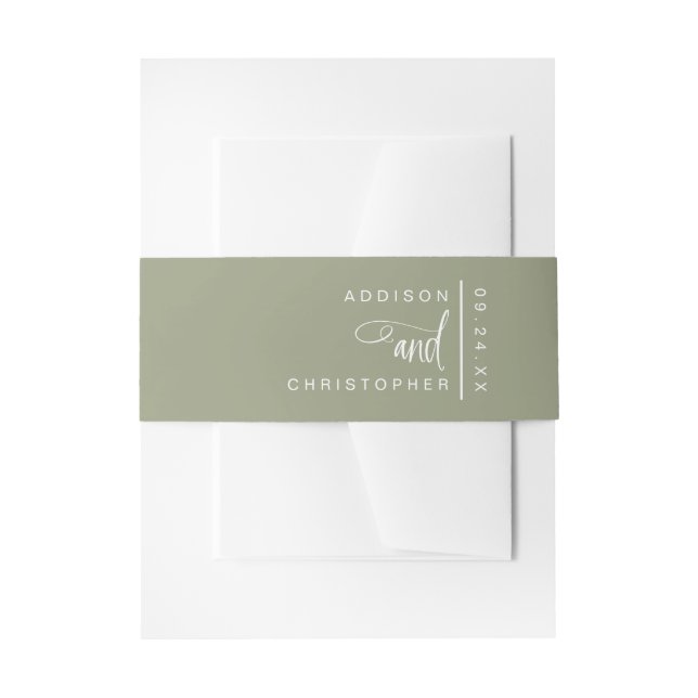 Personalised Sage Green Script Minimalist Wedding Invitation Belly Band (Front Example)