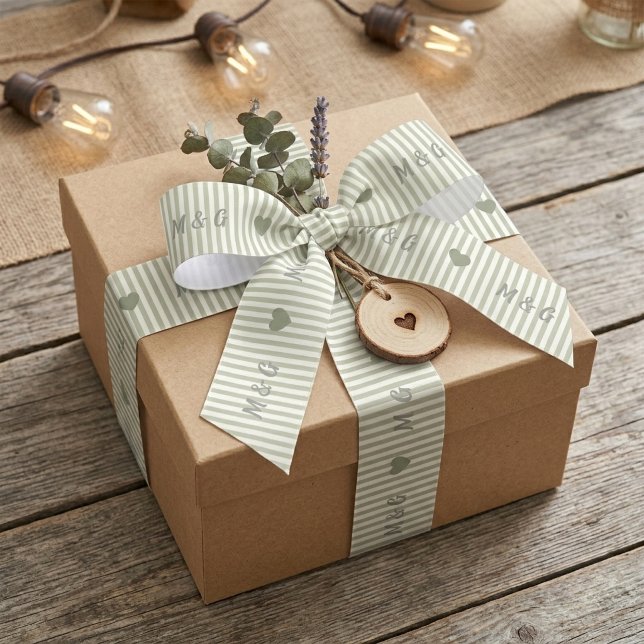 Personalised Sage Green Striped Wedding Monogram Satin Ribbon (Creator Uploaded)