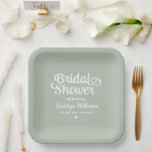 Personalised Sage Green Wedding Bridal Shower Paper Plate<br><div class="desc">Elegant custom wedding paper party plates feature a modern calligraphy script "Bridal Shower" design with cute heart accent. Personalise with the bride’s name and Future Mrs. name who the event is honouring. Clean and simple design. Note,  the sage green and white colour scheme can be modified.</div>
