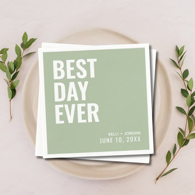 Personalised Sage Modern Best Day Ever Wedding Napkin (Creator Uploaded)