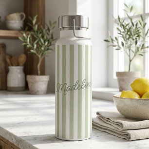 Personalised Sage Stripes Water Bottle with Name