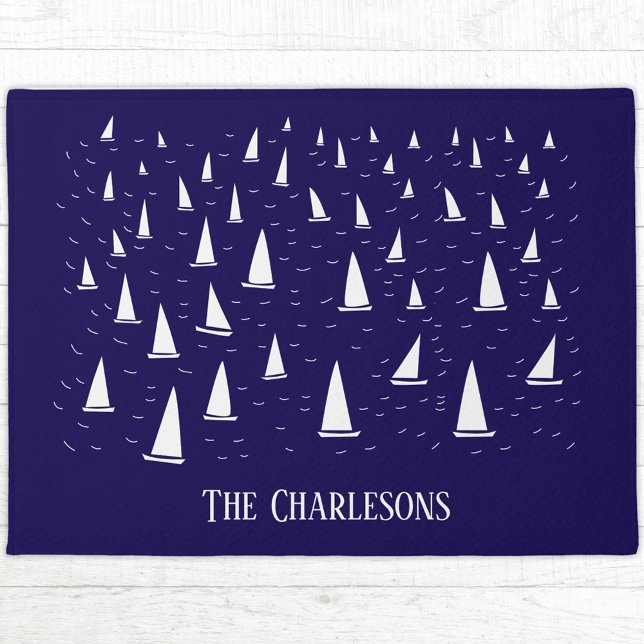 Personalised Sailing Boat Nautical Navy Blue Doormat (Personalized family name sailing boat yacht regatta navy blue doormat for boat, beach or lake house)