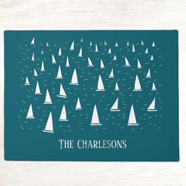 Personalised Sailing Boat Nautical Teal Green Doormat (Personalized family or boat name sailing boat regatta teal green doormat for lake or beach house)