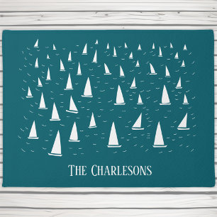 Personalised Sailing Boat Nautical Teal Green Doormat