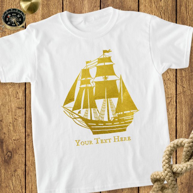 Personalised Sailing Faux Gold Nautical Tall Ship T-Shirt (A nautical T-shirt, featuring a tall ship picture in faux gold. Personalize with your own text)