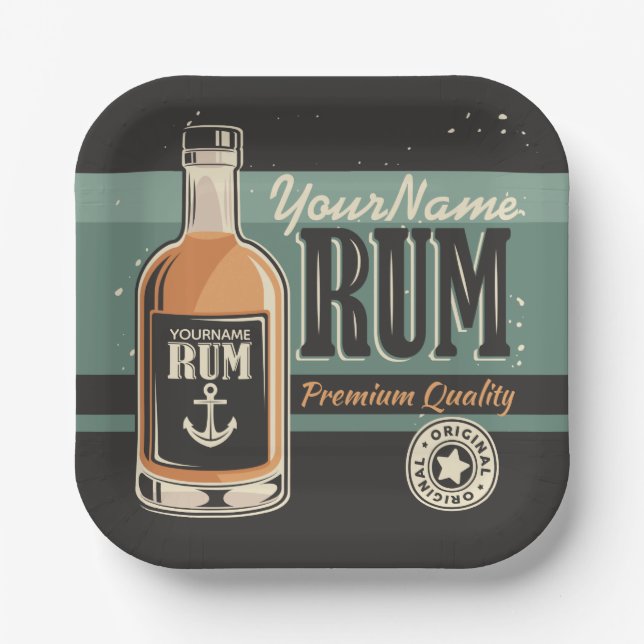 Personalised Sailor Rum Liquor Bottle Retro Sign Paper Plate (Front)