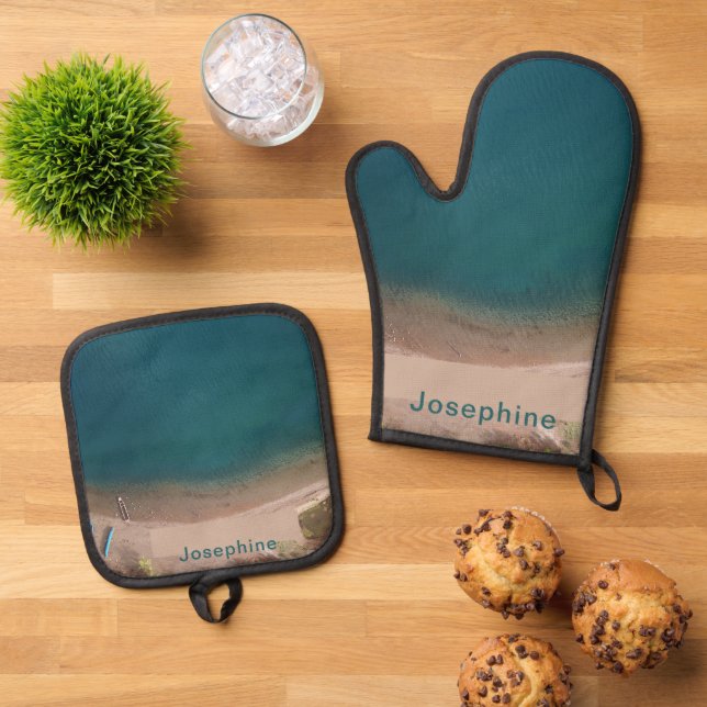 Personalised Sandy Beach Ocean Scene Oven Mitt & Pot Holder Set (Top Down)