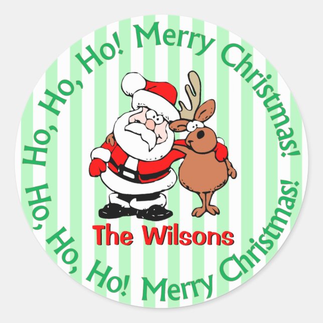 Personalised Santa and Reindeer Christmas Classic Round Sticker (Front)