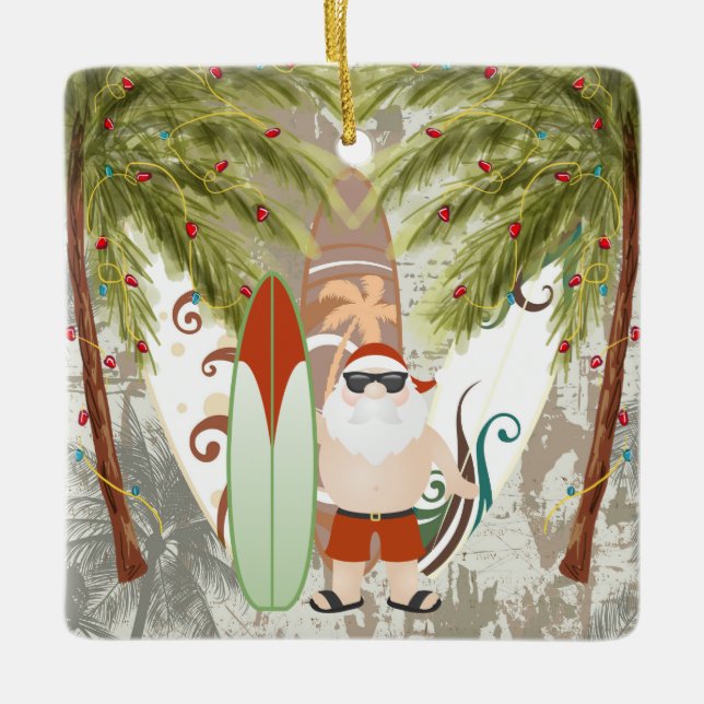 Personalised Santa and Surfboard Beach  Christmas Ceramic Ornament (Front)