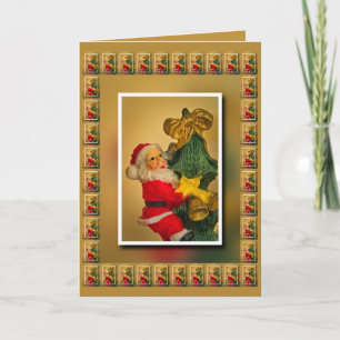 Personalised Santa atop Christmas Tree, Gold White Card