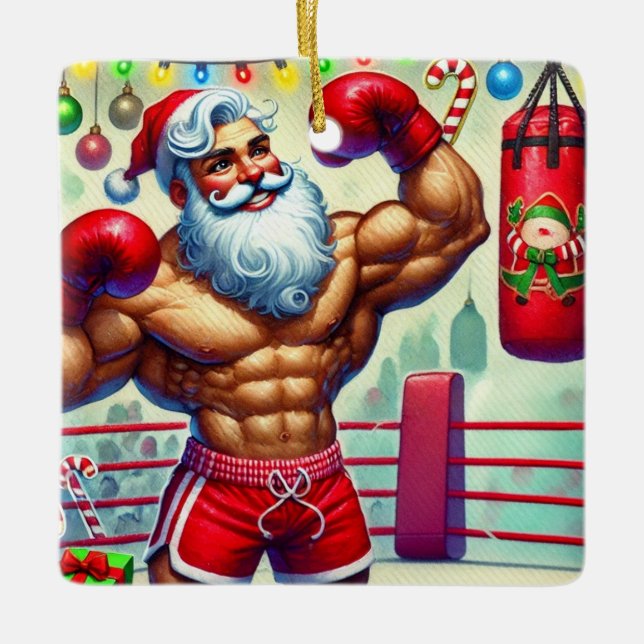 Personalised Santa Boxing at Christmas Ceramic Ornament (Front)