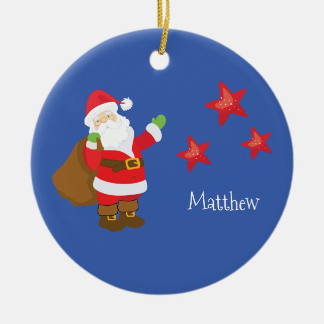 Personalised Santa Claus with Stars Ceramic Tree Decoration (Front)