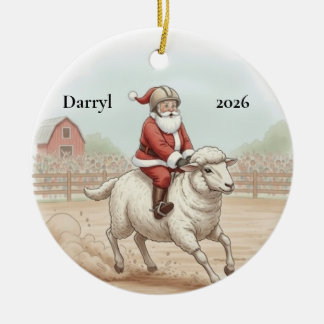 Personalised Santa Doing Mutton Busting Ceramic Tree Decoration