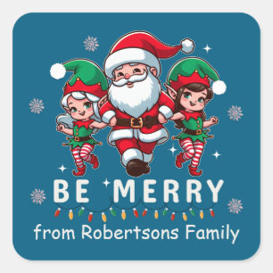 Personalised Santa & Elves Line Dancing Christmas Square Sticker