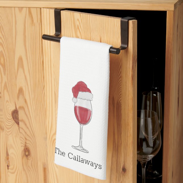 Personalised Santa Hat Wine Glass Holiday Party Tea Towel (Thirds Fold)