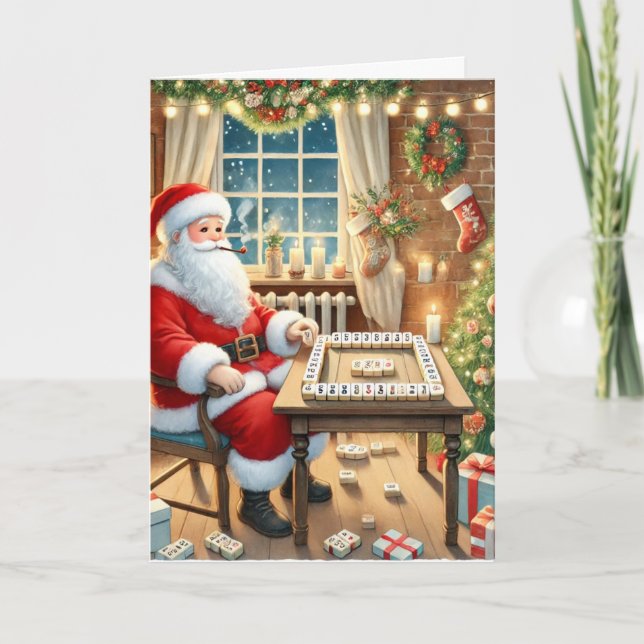 Personalised Santa Playing Mahjong Christmas Card (Front)