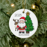 Personalised Santa Reindeer Christmas Tree Ceramic Tree Decoration<br><div class="desc">A personalised Santa, reindeer, Christmas ornament is a festive decoration that can be customised with a name, year, and message on the back. The ornament features an adorable Santa Claus in his traditional red suit surrounded by a reindeer and a Christmas tree. The name, year, and message on the back...</div>