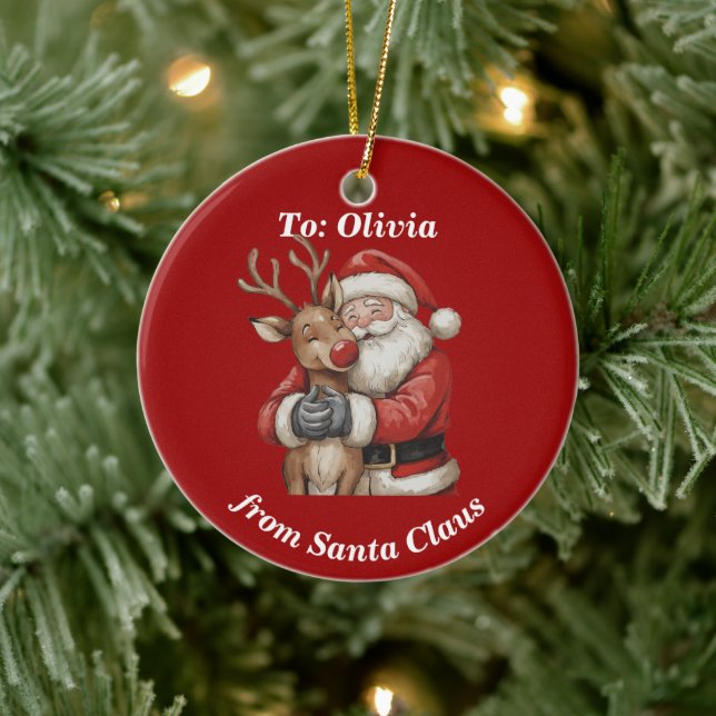 Personalised Santa & Reindeer Hug Christmas  Ceramic Tree Decoration (Tree)