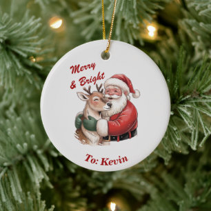 Personalised Santa & Reindeer Hug Christmas Ceramic Tree Decoration