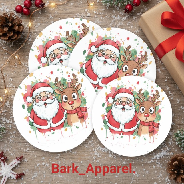 Personalised Santa & Reindeer Watercolor Christmas Classic Round Sticker (Creator Uploaded)