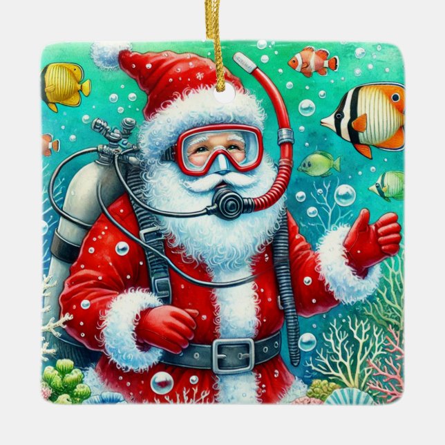 Personalised Santa Scuba Diving Christmas Ceramic Ornament (Front)