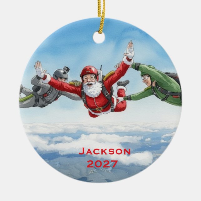 Personalised Santa Skydiving Ceramic Tree Decoration (Front)