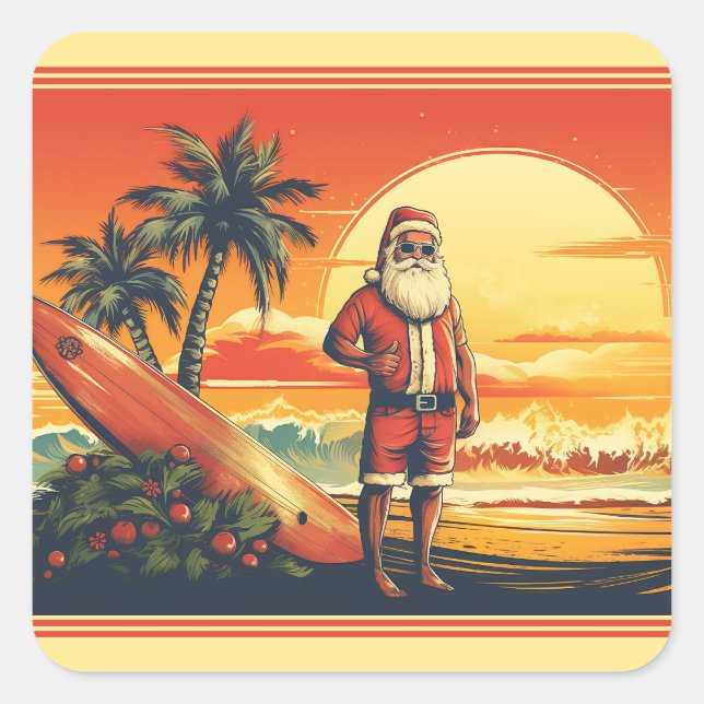 Personalised Santa Surfing Retro Beach Christmas Square Sticker (Front)