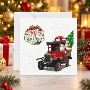 Personalised Santa Vintage Car Flat Christmas Card