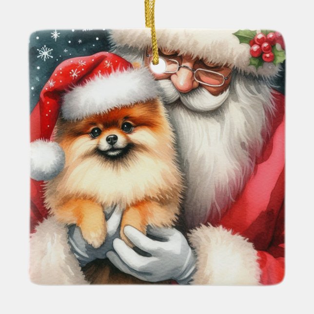 Personalised Santa with Pomeranian Christmas Ceramic Ornament (Front)