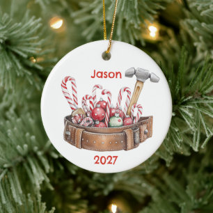 Personalised Santa's Christmas Tool Belt Ceramic Tree Decoration