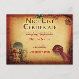 Personalised Santa's Nice List Certificate Postcard
