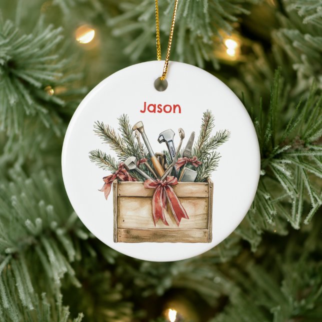 Personalised Santa's Toolbox/Tool Chest Ceramic Tree Decoration (Tree)