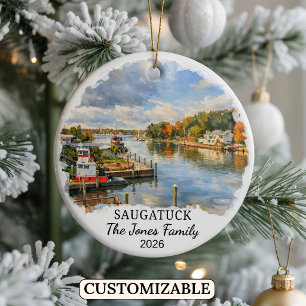 Personalised Saugatuck Ornament, Custom Michigan Ceramic Tree Decoration