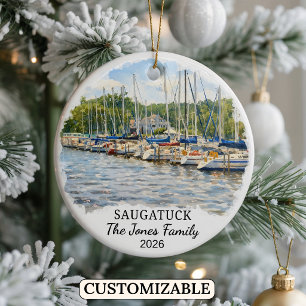 Personalised Saugatuck Ornament, Custom Michigan Ceramic Tree Decoration