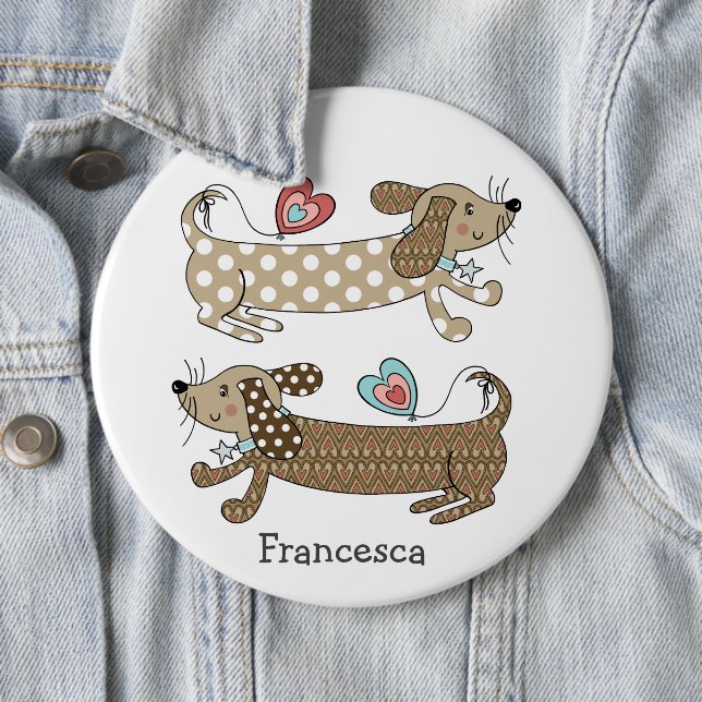 Personalised Sausage Dog Dachshund Button Badge (In Situ)