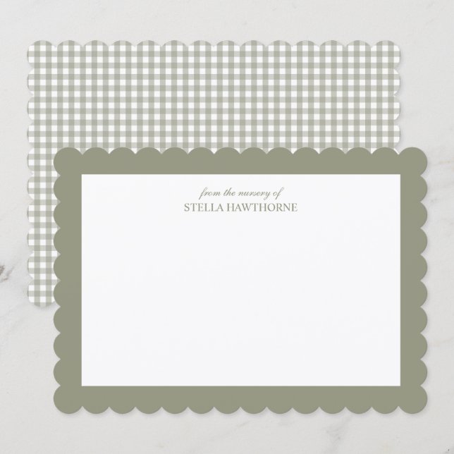 Personalised Scallop Script Sage Green Gingham Card (Front/Back)
