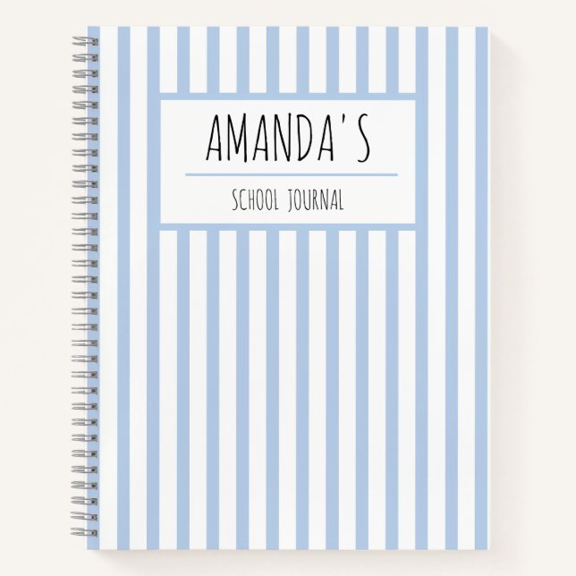 Personalised School Journal Blue White Stripe Name (Front)